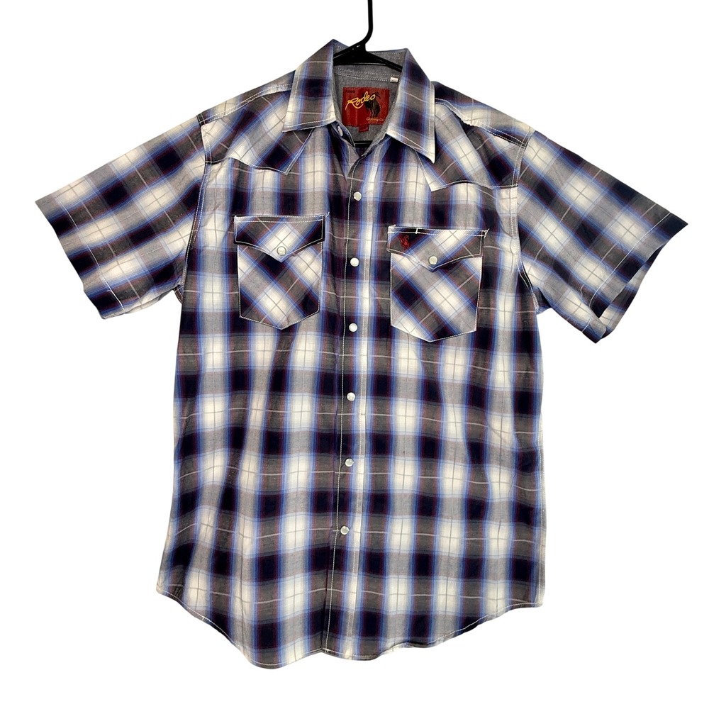Rodeo Clothing Co Men's Medium Blue Plaid Pearl Snap Western Shirt Cowboy